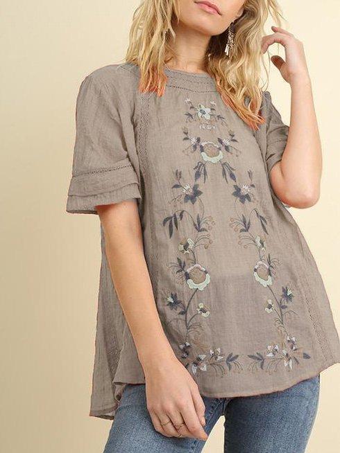 Floral Casual Short Sleeve Round Neck Shirts & Tops