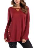 Hot Sale Solid Color Round Neck Double Row Button Collage T-shirt