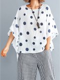 Plus Size Women Bat Sleeves Round Neck Cotton And Linen Polka Dots Loose Casual Tops