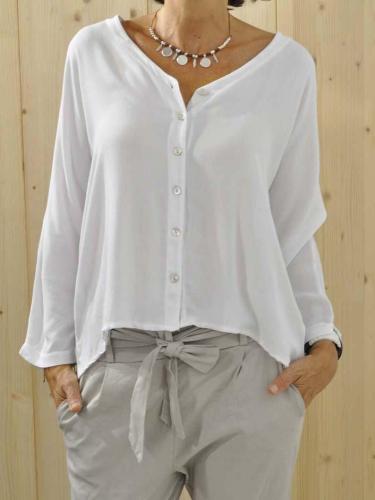 Plus Size Solid Long Sleeve Buttoned  V Neck Shirts & Tops