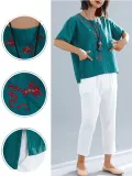 Plus Size  Women  Cotton   Embroidered  Short  Sleeves Round Neck   Casual  Tops