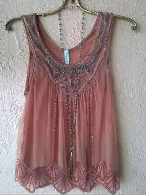 Wide Round Neck Sleeveless Mesh Casual Top