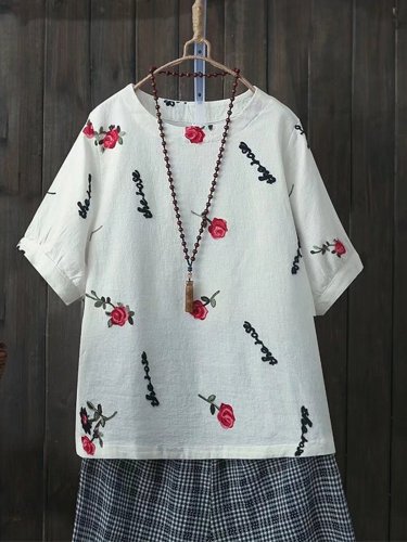 Women Casual Embroidery Tops Tunic T Shirt