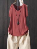 Solid Color V Neck Short Sleeve Casual T-Shirt