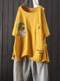 Round Neck Casual Cotton-Blend Shirts & Tops