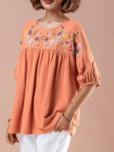 Plus Size Women Embroidered Round Neck Half Sleeve Loose Casual Cotton Shirt Tops