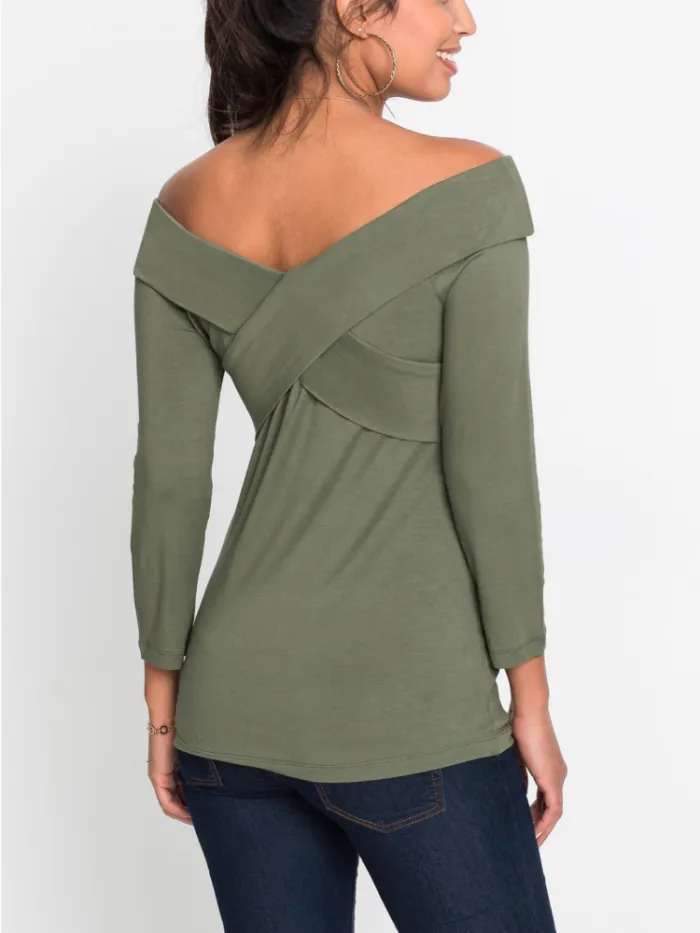 Women Off-Shoulder Criss-cross Vintage Solid Appliqued Cotton T-Shirts