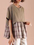 Short Sleeve  Cotton And Linen Stitching Plaid   Casual  T-shirt
