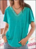 Cotton-Blend V Neck Short Sleeve Shirts & Tops