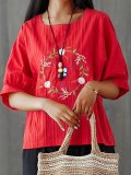 Plus Size  Women  Cotton And Linen Embroidered  Balloon Sleeves Casual  Tops