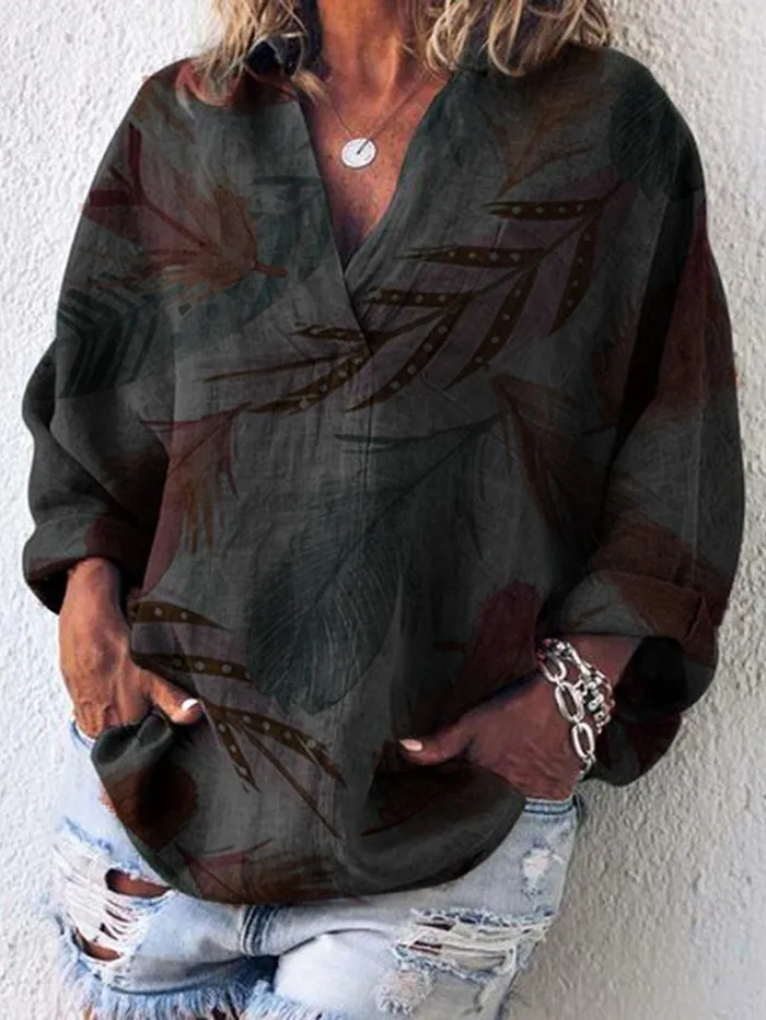 Plus Size Women Causal Tops Floral Printed Long Sleeve V Neck Shirts