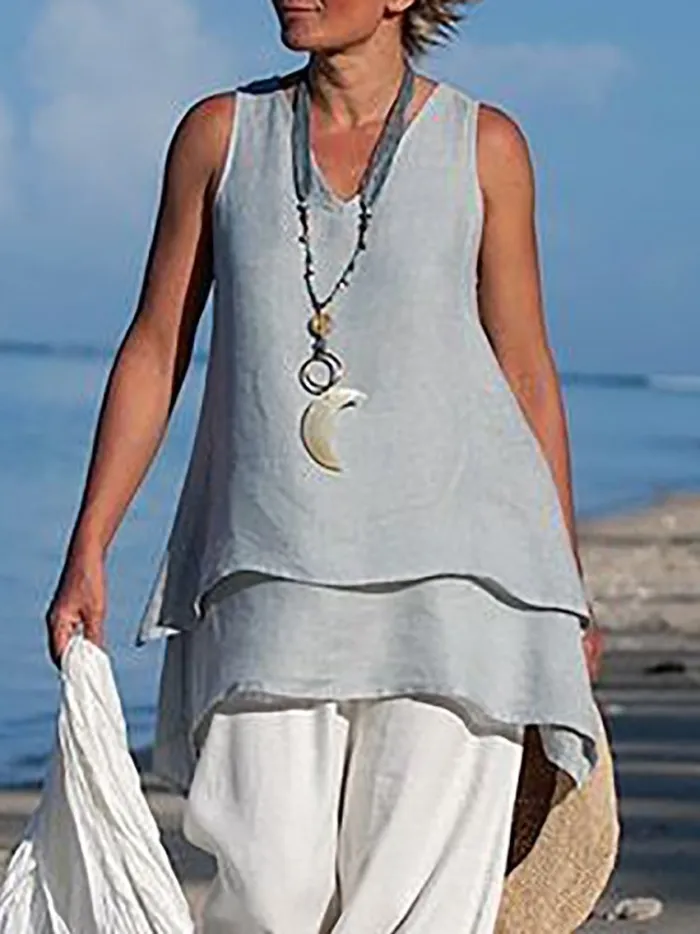 Women Casual Shirts V Neck Sleeveless Asymmetrical Tunics Blouses
