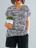 Plus Size Women Short Sleeve  Round Neck  Striped  Floral  Loose Casual  Tops