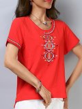 Plus Size Women Short Sleeve Round Neck Vintage Floral Casual Tops