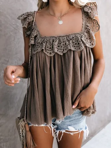 Coffee Cutout Sleeveless Solid Shirts & Tops