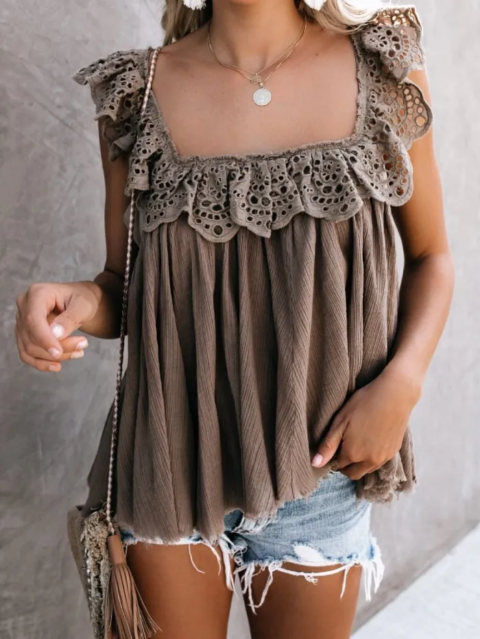 Coffee Cutout Sleeveless Solid Shirts & Tops