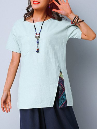 Plus Size Cotton And Linen Women  Short  Sleeve Solid  Casual Top