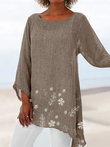Vintage 3/4 Sleeve Floral-Print Crew Neck Blouse