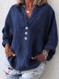 Cotton Linen Casual Buttoned Pockets Solid Long Sleeve Shirts & Blouses