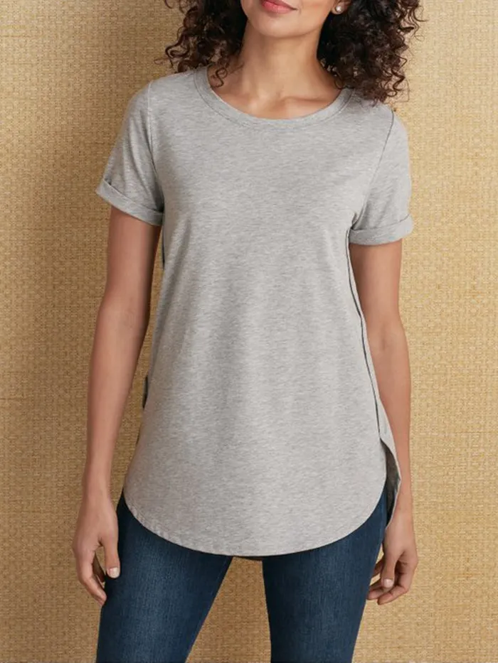 Casual Cotton Crew Neck Plain Shirts & Tops