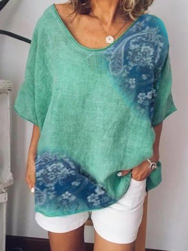 Casual Printed V-neck Short Sleeve Plus Size Blouse