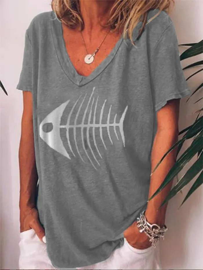 Casual Short Sleeve V Neck Printed Shirts