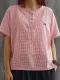 Plus Size Women Round Neck Short Sleeve Plaid Cotton And Linen Loose Casual Top