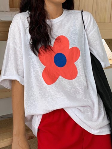 Fun Small Flower Floral Loose Cotton Short Sleeve Round Neck Casual T-shirt Tops