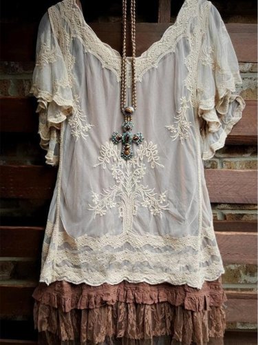 Guipure Lace Short Sleeve Shirts & Tops