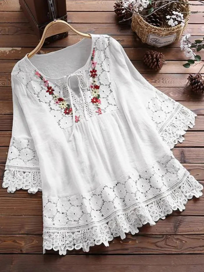 Women Casual Loose Lace Cutout Tops Tunic Blouse Shirt