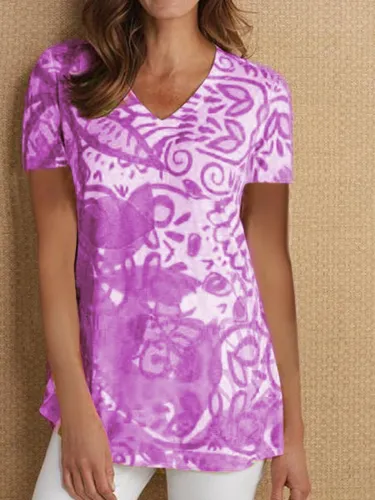 V Neck Short Sleeve Vintage Printed Shirts & Tops