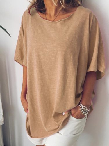 Round Neck Short Sleeve Solid Color Casual T-shirt