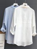 Plus Size Women Long Sleeve Loose Solid Cotton Sunscreen Jacket Casual Shirt Cardigan