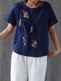 Plus Size  Women  Cotton And Linen  Floral  Short  Sleeves Round Neck  Casual  Tops
