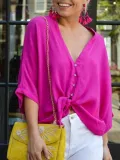 Women Blouses Knot Front V-Neck 3/4 Sleeves Buttoned Tops