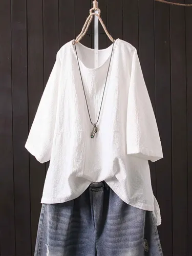 Casual Cotton-Blend Round Neck Shirts & Tops