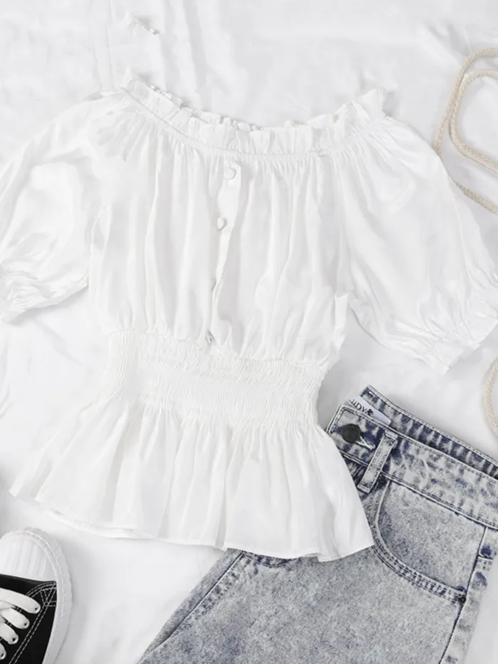 One-neck Off Shoulder Short Sleeve Pullover Solid Casual Tops