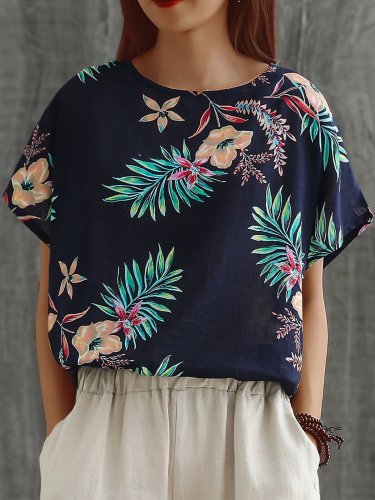 Plus Size Women Loose Cotton And Linen Round Neck Short Sleeve Floral Casual Top