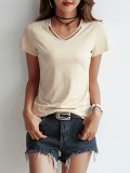 Plus Size  Loose  Solid   Cross V-neck Short Sleeve  Casual   T-shirt