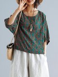 Plus Size Women Floral  Half  Sleeve  Round  Neck Cotton And Linen Loose Casual Top