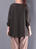 Casual Cotton 3/4 Sleeve Gingham Linen Blouse
