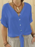 Plus Size Casual Solid V Neck Short Sleeve Shirts & Tops