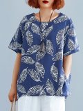 Plus Size Women Cotton And Linen Round Neck Short Sleeve Vintage Floral Casual Tops