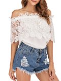 Plus Size Women Crocheted  Off Shoulder  Lace Chiffon Casual Tops