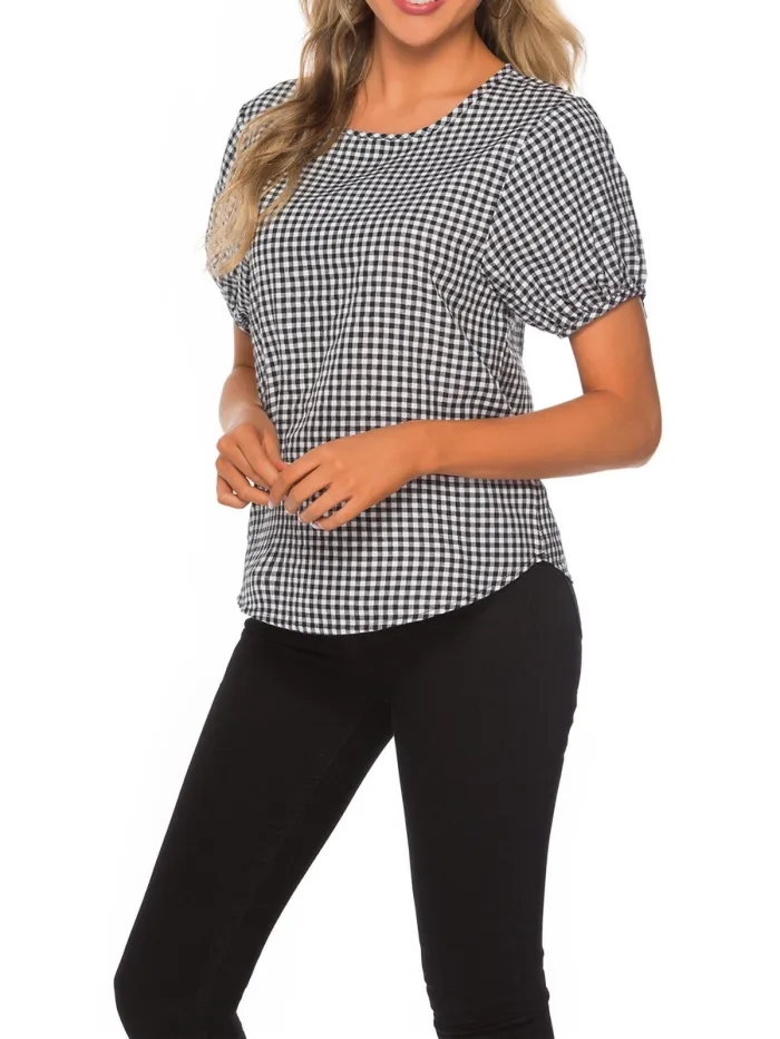 Women Bow Lantern Sleeve Round Neck Short Sleeve Plaid T-Shirt Top