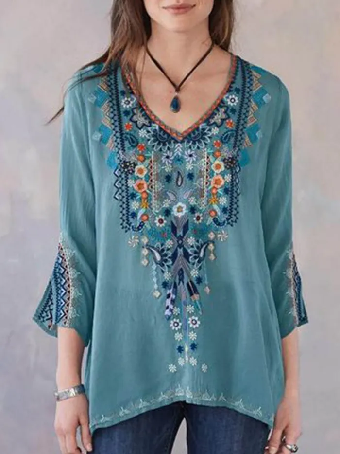 Patchwork V Neck Holiday Shirts & Tops