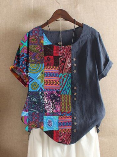 Casual Short Sleeve Round Neck Printed Shirts