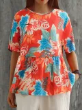 Plus Size Women Plaid Cotton And Linen Short Sleeve Loose Casual Tops