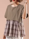 Short Sleeve  Cotton And Linen Stitching Plaid   Casual  T-shirt