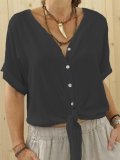 Plus Size Casual Solid V Neck Short Sleeve Shirts & Tops